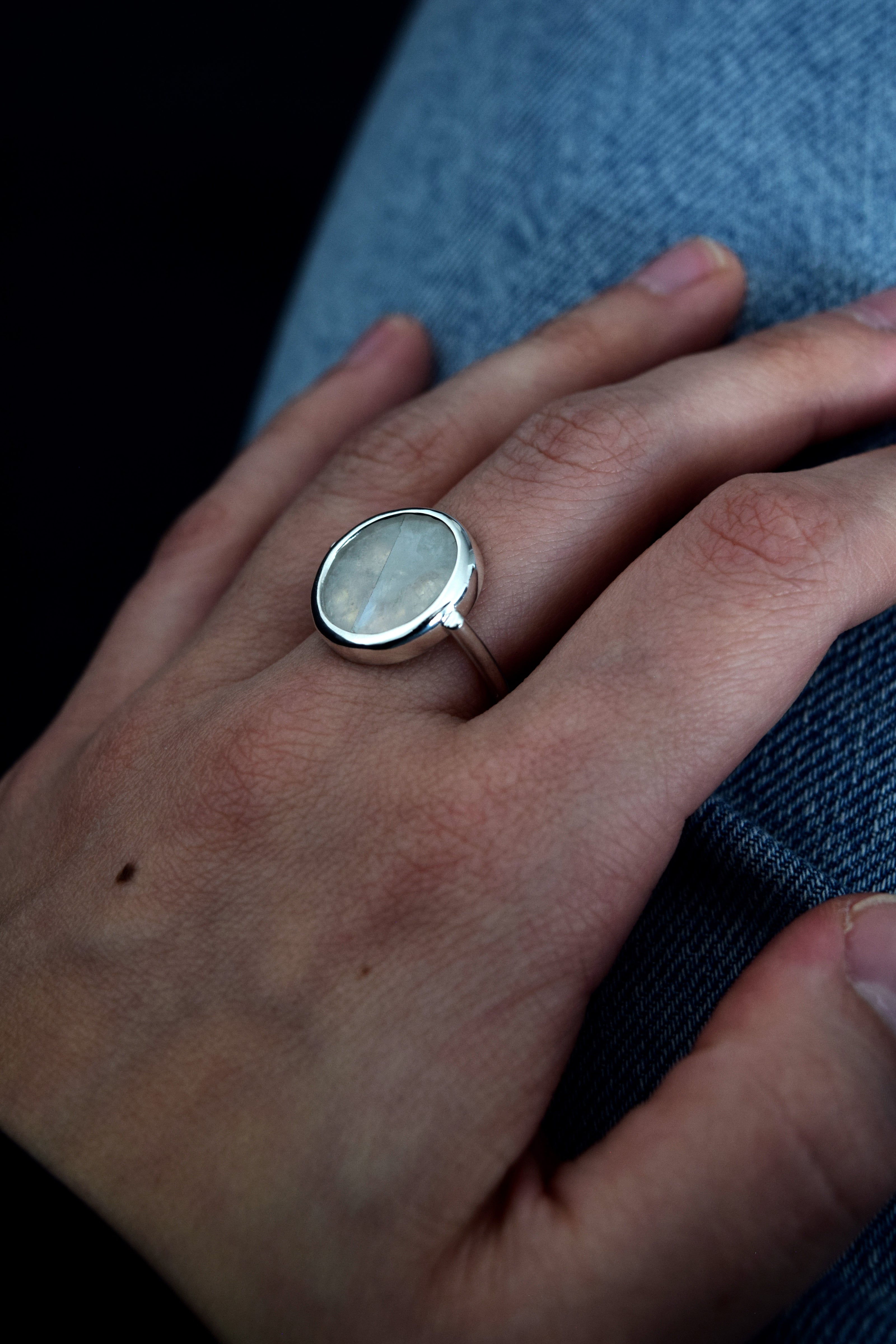 Handcrafted silver and moonstone disc ring